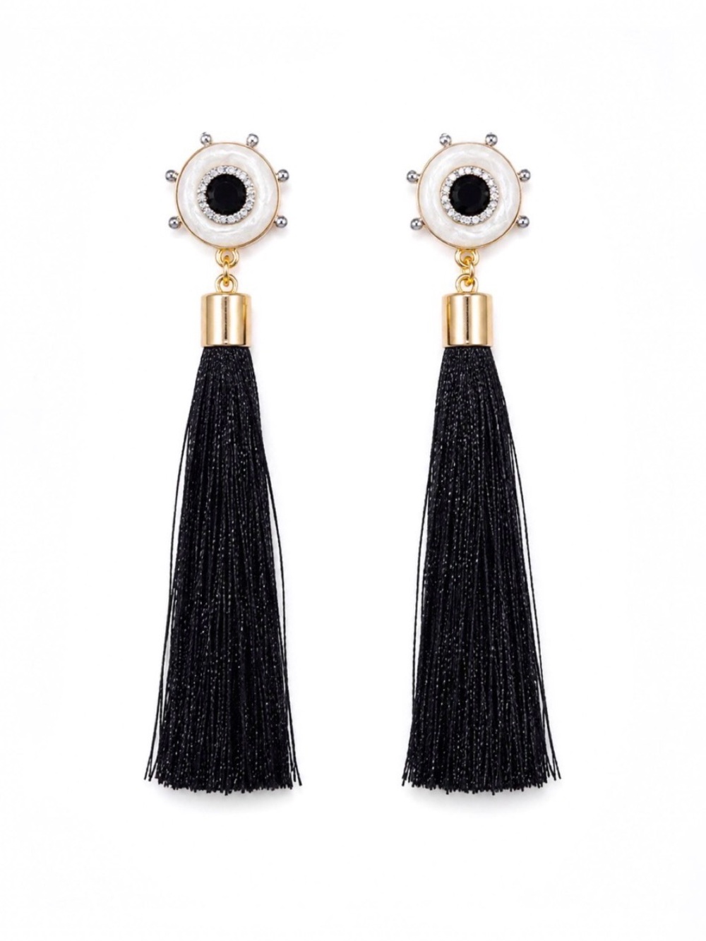 *NWT* Black Silk Tassel Statement Earrings w/ Pearl Resin + Crystal accents